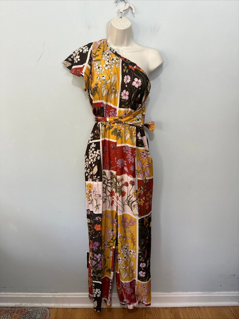 Eva Franco Jumpsuit Womens 2 Brown Yellow Patchwork Amir One Shoulder Boho Chic